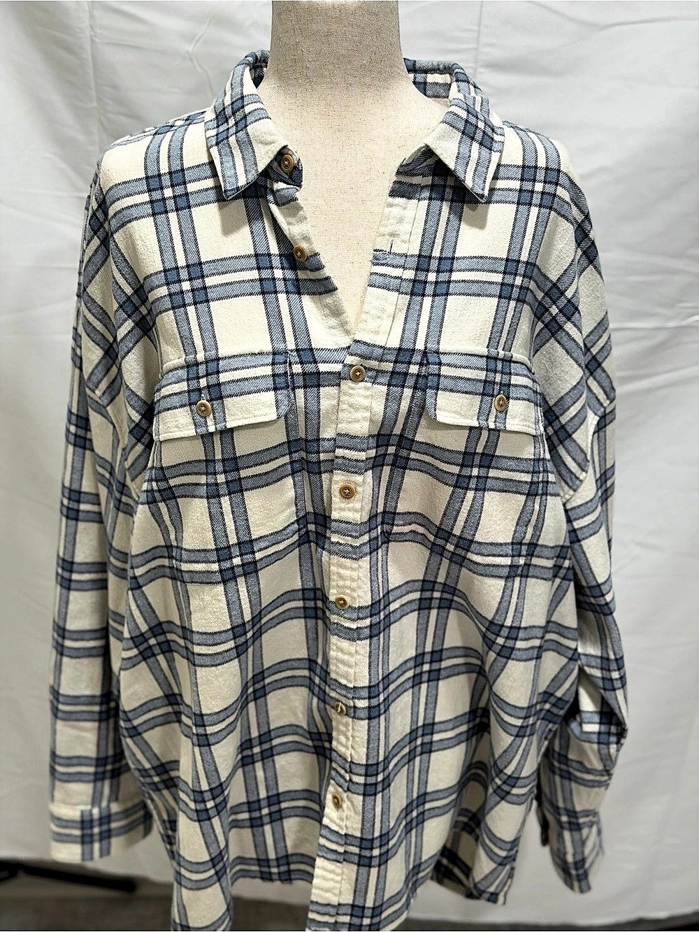 Abercrombie & Fitch 90's Oversized Shirt Plaid Button Down Blue & Cream XXL
